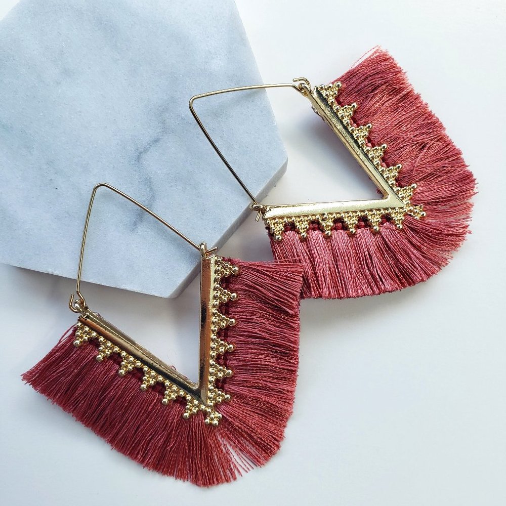 NWT V-Shape Tassel Gold Hoop Earrings